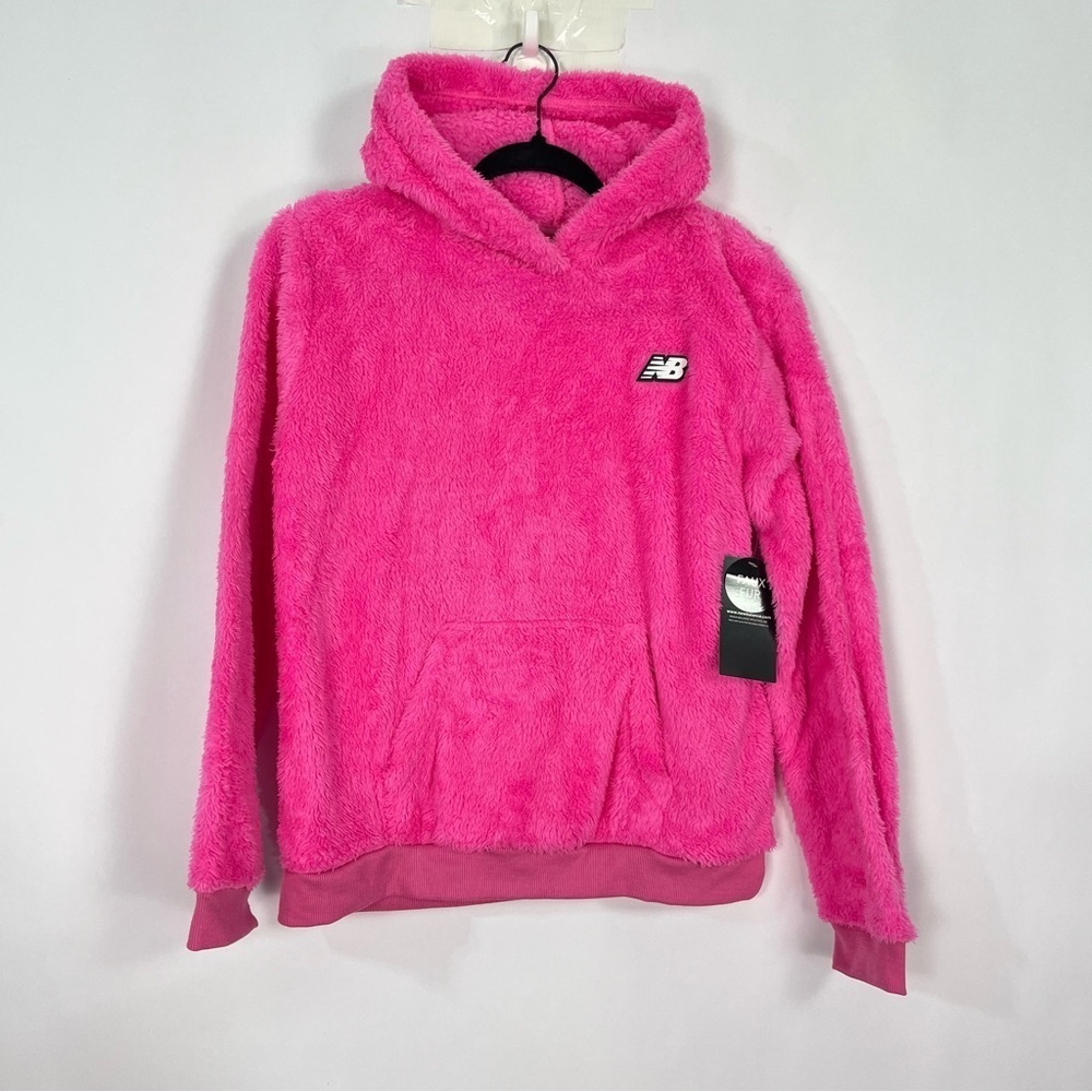New Balance Girls Hot Pink Faux Fur Hooded Pullover Hoodie Shirt Sz 14/16 NWT